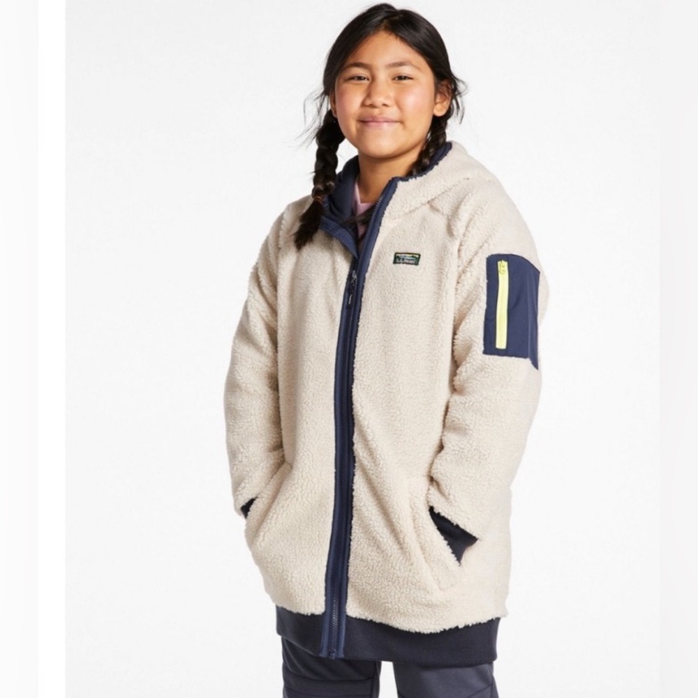 LL bean Cozy Cream Sherpa Jacket with Navy Accents.